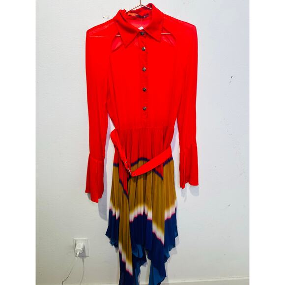 THEBE MAGUGU Red Gradient Asymmetric Pleated Cocktail Collared Chiffon Dress M - Picture 3 of 16